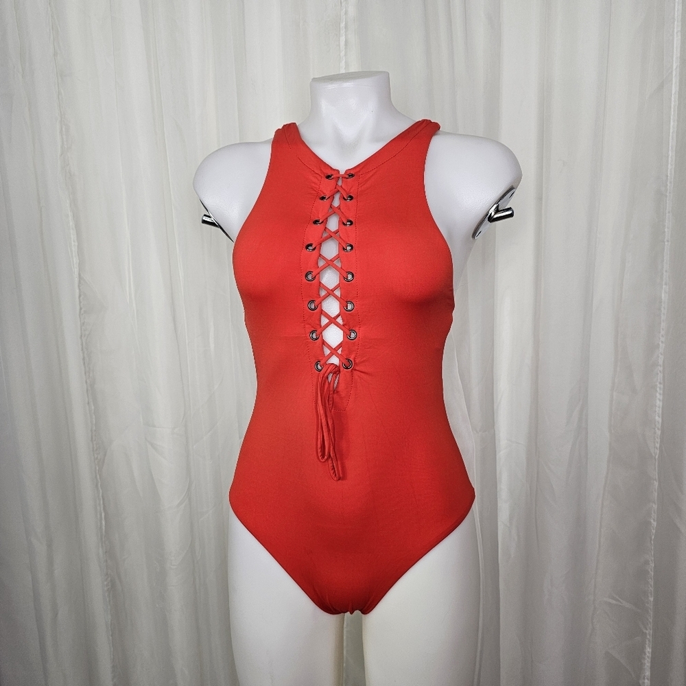 Isabella Rose Orange Lace Up One-Piece Swimsuit
